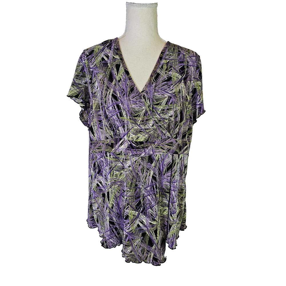 Dress Barn Women's Short Sleeve Baby Doll Top Size 14/16 V-Neck Wrap Multicolor